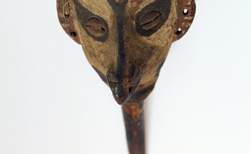 A bone dagger artifact from Papua New Guinea mid 20th century on display at the "Cannibalism: Myths and Reality" exhibit at the San Diego Museum of Man. 