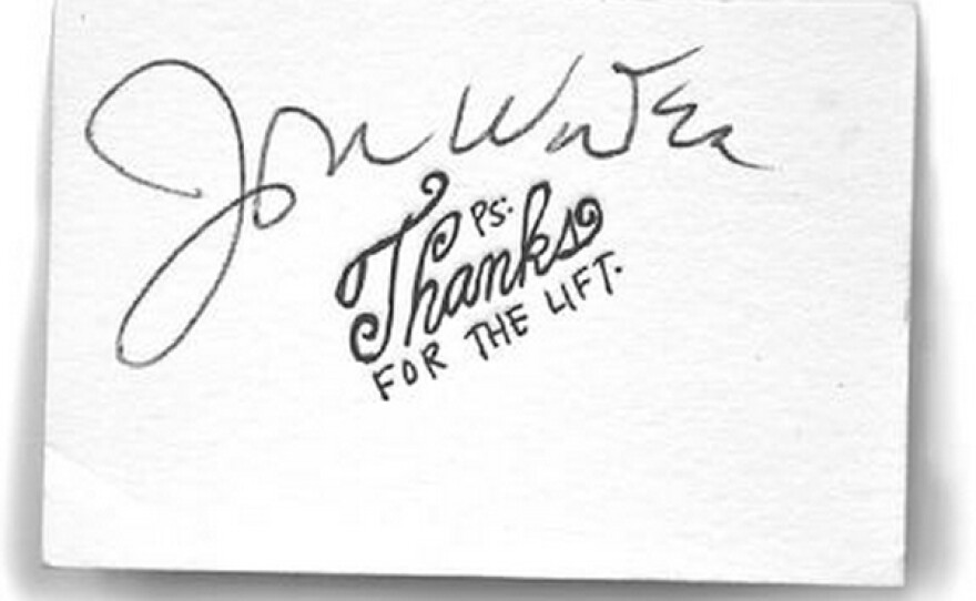 The card that John Waters gave to each of the people who picked him up during his hitchhiking trek across America. The journey is chronicled in his new book, "Carsick."