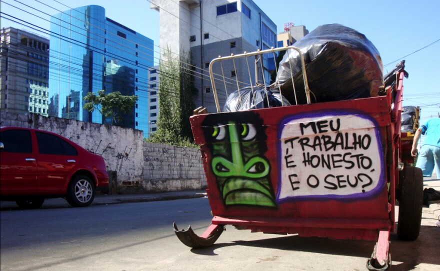 Conversation starter? This cart states: "My work is honest, and yours?"
