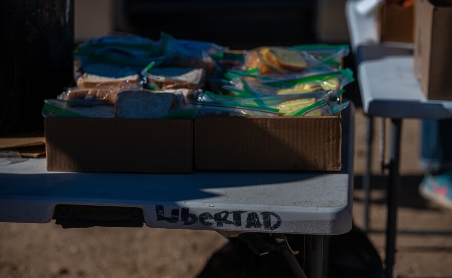Sandwiches on a table provided for the migrants.