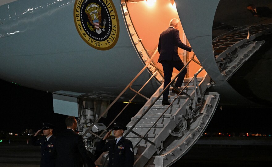 President Biden boards Air Force One on Feb. 26 after a quick trip to New York for a campaign event.