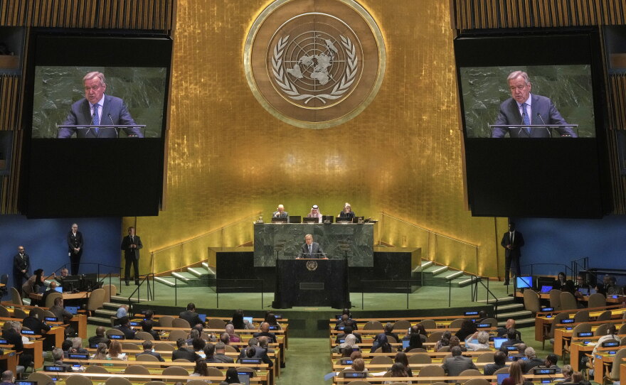 U.N. Secretary-General António Guterres addresses the United Nations General Assembly, July 28.