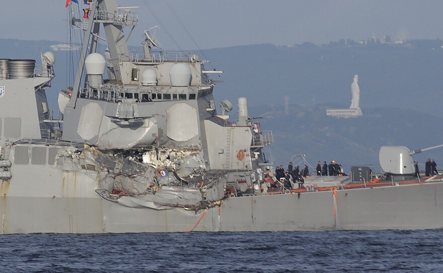The USS Fitzgerald collided with a Philippine-flagged container ship off the coast of Japan on June 17, 2017. The $1.8 billion destroyer, manned by a 300-member crew, had been steaming on a secret mission to the South China Sea when it was struck by a cargo ship more than three times its size. Seven sailors died.