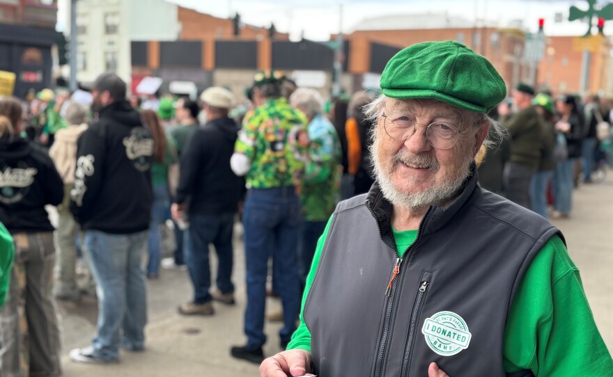 Longtime Montana Democratic party activist Evan Barrett at the St. Patrick's Day parade in Butte, Montana, March 17 2026