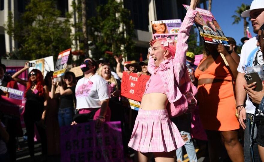 Supporters of pop star Britney Spears rally in front of the Stanley Mosk Courthouse in Los Angeles on Friday, ahead of her conservatorship hearing.