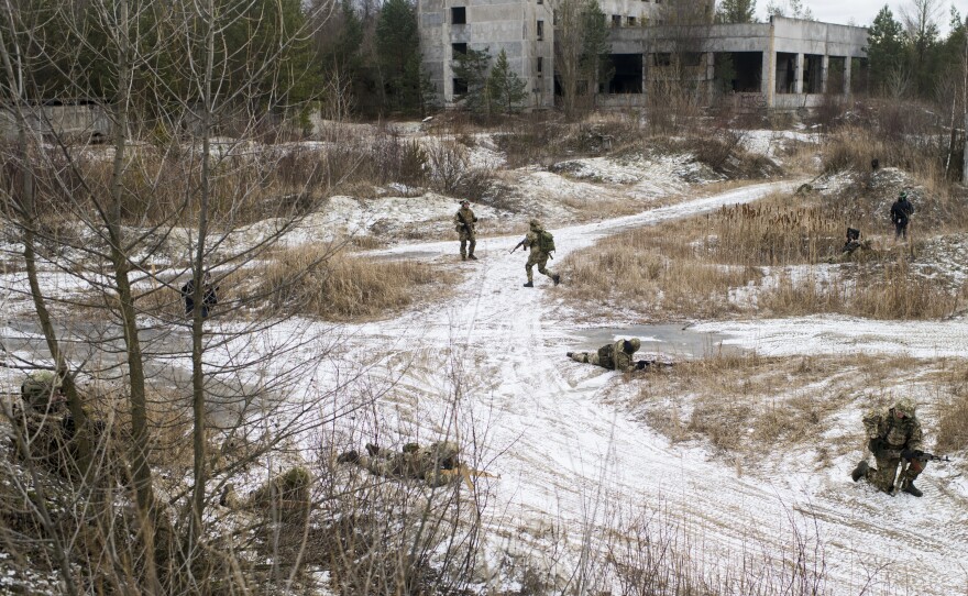 Members of the Territorial Defense Forces take part in training on the outskirts of Kyiv, Ukraine.