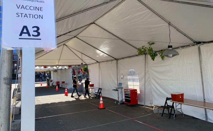 A drive-thru vaccination area at the Vaccination Super Station near Petco Park. Jan. 10, 2021.