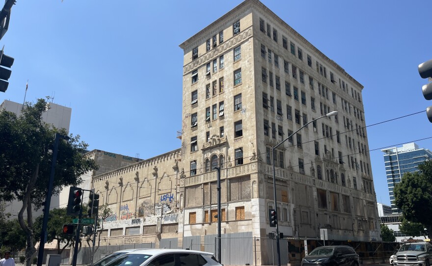 The exterior of the rundown California Theatre building in downtown San Diego is seen from street level, Aug. 22, 2025.