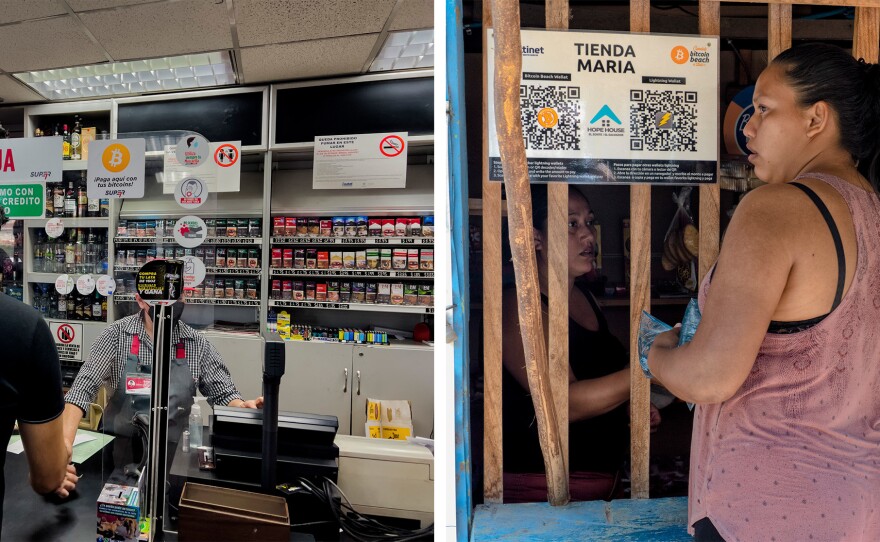 Left: A sign informs costumers that bitcoin is accepted for payment in a major gas station chain. Other businesses including fast food chains also take the digital cryptocurrency. Right: The María convenience store accepts bitcoin and digital wallet payments in El Zonte beach town.