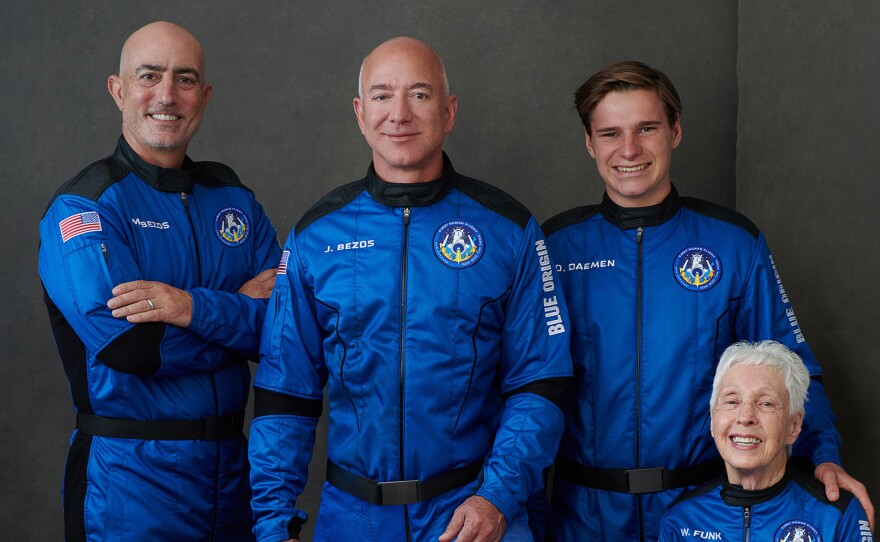 The crew riding with Jeff Bezos includes his brother Mark (left), 18-year-old physics student Oliver Daemen and 82-year-old pioneering female aviator Wally Funk.