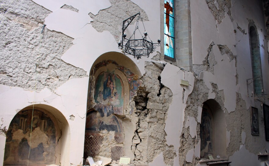 Italy's police art squad worked alongside structural engineers with the fire department to rescue works from the Basilica of Sant'Agostino, a cherished church in Amatrice, shown here on Aug. 24 after being damaged by a magnitude 6.1 earthquake. Firemen were lowered through the collapsed roof and hoisted paintings and statues to safety.