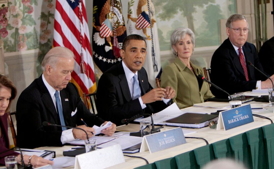 President Obama is flanked by House Speaker Nancy Pelosi, Vice President Joe Biden, Health and Human Services Secretary Kathleen Sebelius, Senate Minority Leader Mitch McConnell and House Minority Leader John Boehner at Thursday's health summit.