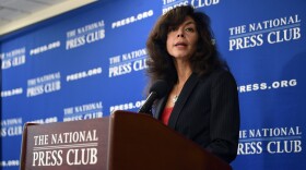Ashley Tabaddor, a federal immigration judge in Los Angeles who serves as the President of the National Association of Immigration Judges, speaks at the National Press Club​ in Washington, Friday, Sept. 21, 2018, on the pressures on judges and the federal immigration court system.