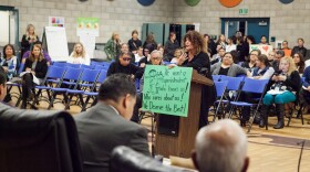 Zenaida Rosario, a San Ysidro School District teacher, addresses the board at its meeting on Nov. 10, 2017. 