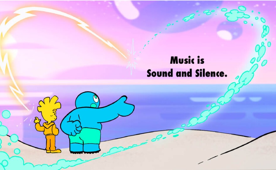 Sound (left) and Silence (right) are animated characters used in the interactive curriculum to teach third-, fourth-, and fifth-grade students music concepts. They are featured in this graphic produced by the San Diego Symphony and used in a classroom slide show presentation.