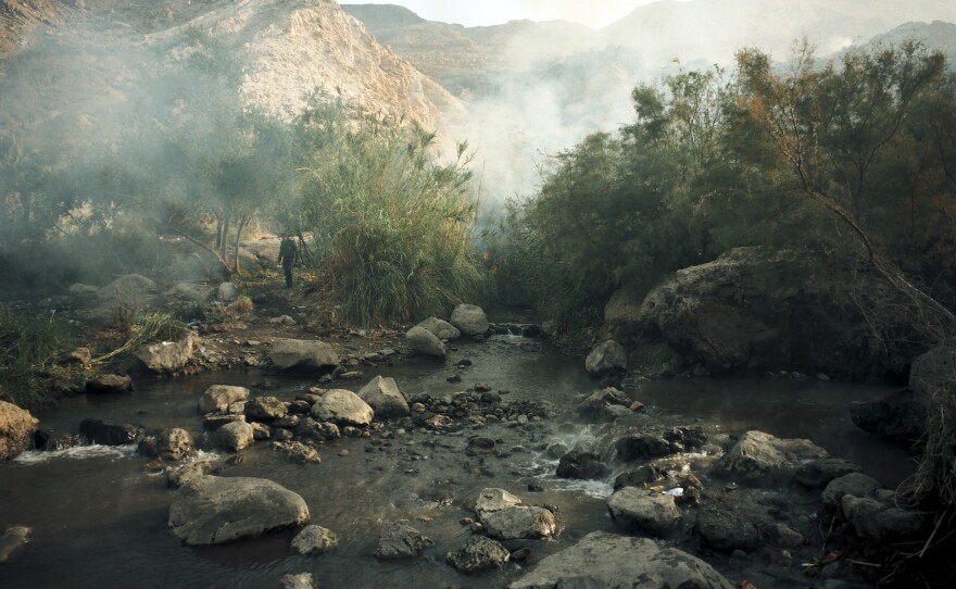Inside the mountains that hold the castle of Machaerus, thermal water escapes from the ground through the ancient port of Herod to cool down in the Dead Sea. Hot Springs, Jordan, 2017.