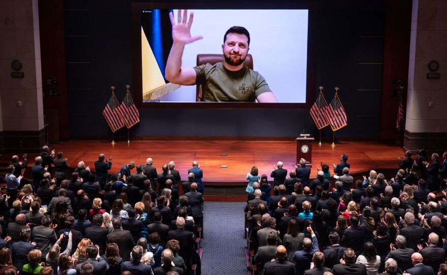 Ukrainian President Volodymyr Zelenskyy addresses the U.S. Congress on March 16, 2022, at the U.S. Capitol in Washington, DC. Since the war began, he has been appealing to world leaders for more support for Ukraine and sanctions on Russia.
