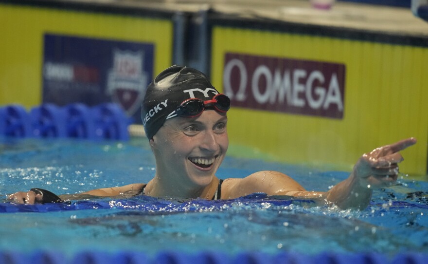 U.S. swimming star Katie Ledecky, shown here during U.S. Olympic Swim Trials last month, is competing in up to six events at the Tokyo Olympics.