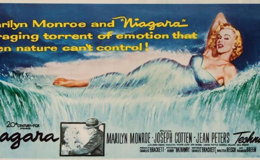 This lobby card art for the film "Niagara" shows Marilyn Monroe as a force of nature as strong as Niagara Falls.