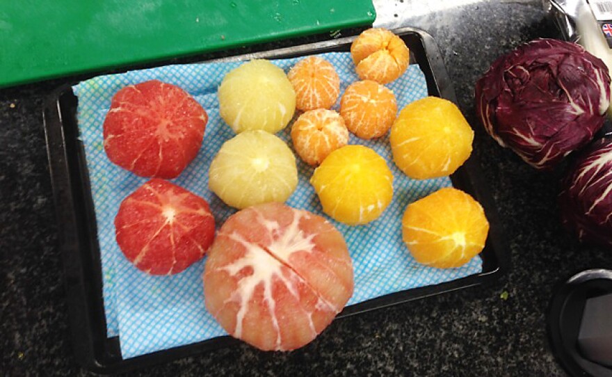 An assortment of fruits that will go into citrus salad recipes at the Ottolenghi test kitchen