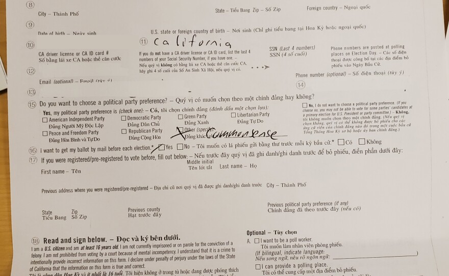 The voter registration form for Kameron Dollinger is shown, Jan. 31, 2020.