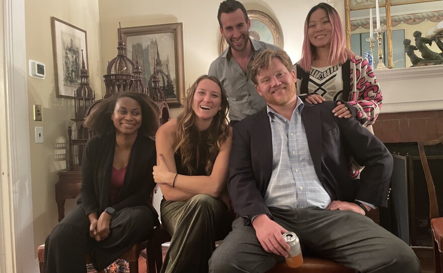Gillian Morris at a reunion in Connecticut with some of the people she lived with at Casa Chironja, a group house in San Juan, Puerto Rico. From left to right: Tasha C, Morris, Joel Shor, Robert Morris and Connie Yang.