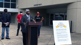 Yusef Miller speaking in front of the Carlsbad Police Department on June 19, 2020, about the use of force in the June 11, 2020, arrest of a man. 