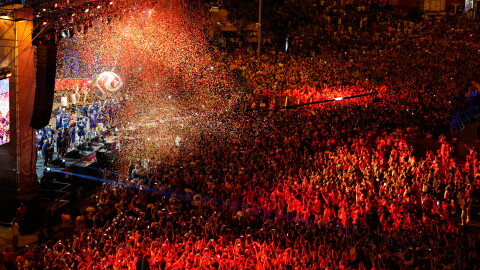 Players from Spain's national soccer team celebrate at Cibeles Square in Madrid on Monday, July 20, 2026, after Spain defeated Argentina in the World Cup final in East Rutherford, N.J., near New York.