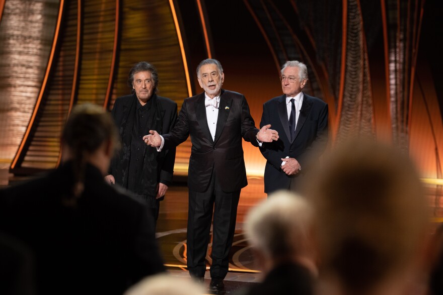 Al Pacino, Francis Ford Coppola and Robert De Niro onstage during the 50th anniversary tribute of “The Godfather” at the live ABC telecast of the 94th Oscars®. March 27, 2022.