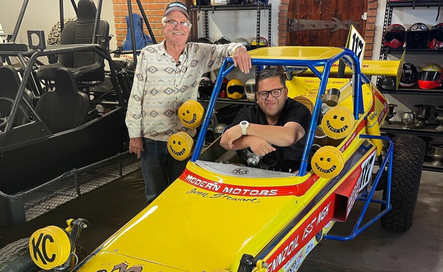 Host Jorge Meraz (right) poses as a driver as he learns about the history of off-road vehicles with the famous Lynn Chenowth (left) at his museum to the south of San Felipe, Mexico.