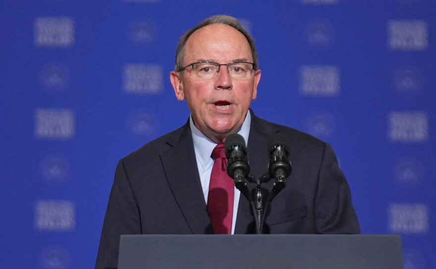 Rep. Tom Tiffany, R-Wis., speaks at the Wisconsin Air National Guard facility at Milwaukee Mitchell International Airport, July 8, 2026, in Milwaukee.