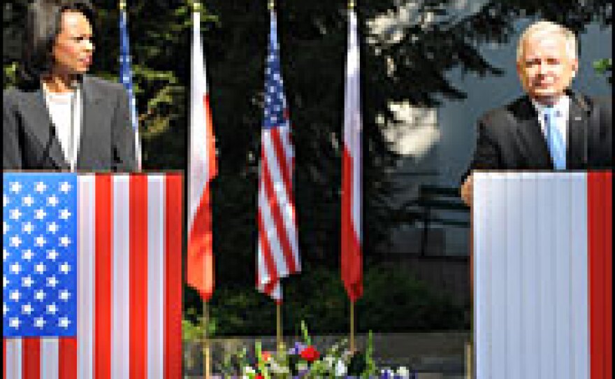 U.S. Secretary of State Condoleezza Rice and Polish President Lech Kaczynski talk to the press before a signing a missile shield deal in Warsaw on Aug. 20.