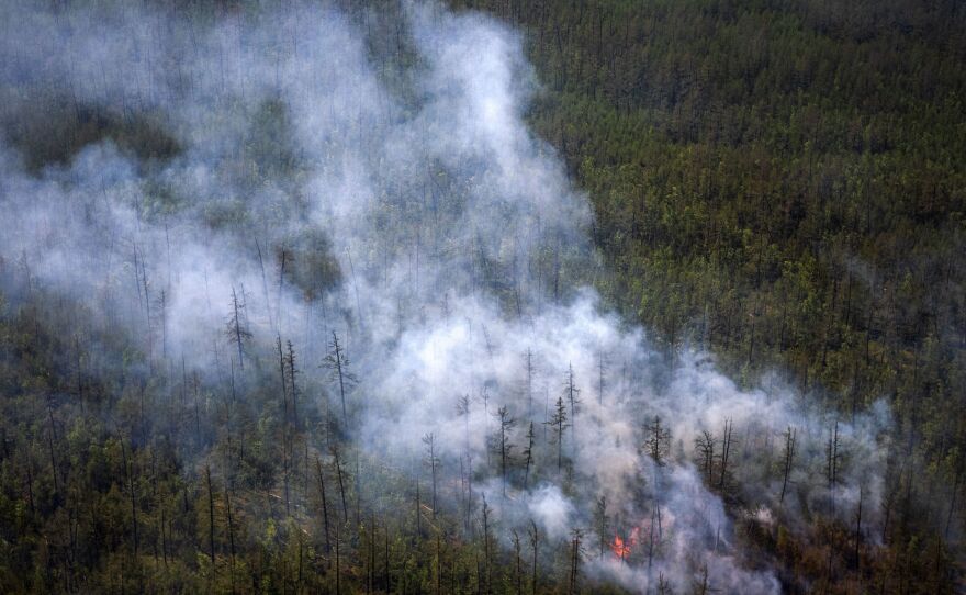 This aerial picture taken from an airplane on July 27 shows smoke rising from a forest fire outside the village of Berdigestyakh in Siberia's Republic of Sakha.