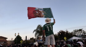 A soccer fan wearing a Mexican national team jersey waves the country's flag during a FIFA World Cup watch party in Chula Vista on June 19. 2026.