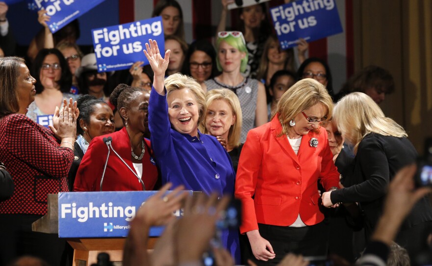 Hillary Clinton waves to a crowd at a Women for Hillary event at the New York Hilton hotel Monday in Midtown Manhattan.