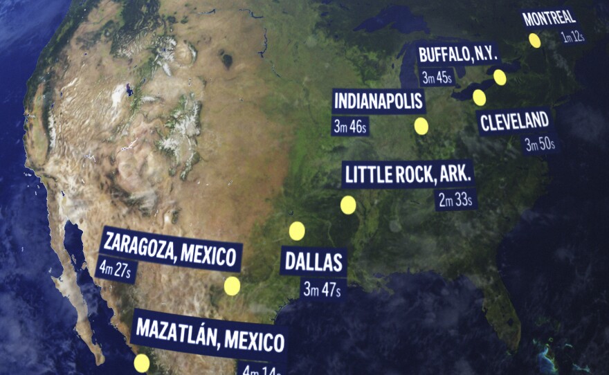 The total solar eclipse on April 8 will enter over Mexico's Pacific coast, dash up through Texas and Oklahoma, crisscross the Midwest, Mid-Atlantic and New England, before exiting over eastern Canada into the Atlantic.
