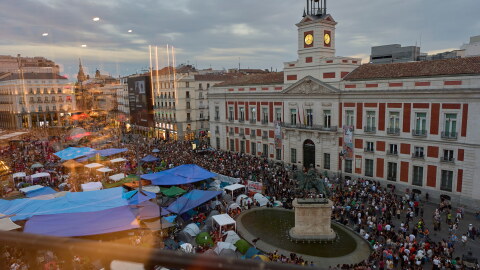 Protesters camp during a protest following the eviction last Wednesday of 87-year-old Maricarmen to demand stronger laws to protect renters at Sol square in Madrid, Spain, Sunday, Sept. 27, 2026.