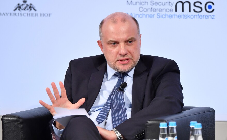 Estonia's then-Defense Minister Juri Luik participates in a panel talk at the 2018 Munich Security Conference on Feb. 16, 2018, in Munich, Germany. Luik is now the Estonian ambassador to NATO.