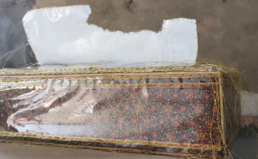 Artist Nassem Navab uses clear plastic vinyl and gold thread in a May 2020 artist residency to evoke cultural displacement in the household objects of immigrant families.