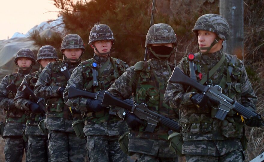 South Korean soldiers on Yeonpyeong last month. North Korea conducted live-fire artillery drills near the island on Tuesday.