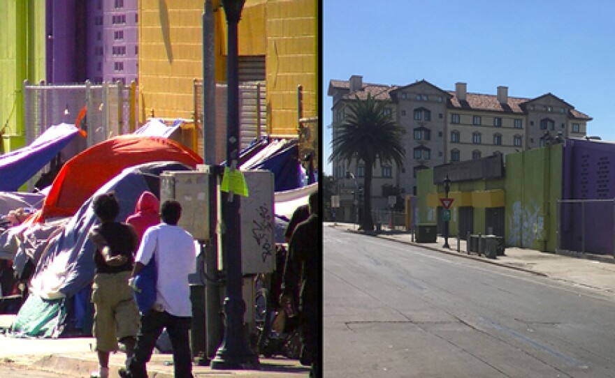 These two pictures show the before (July 6, 2017) and after (Sept. 26, 2017) of a police crackdown on a homeless encampment on 17th Street in downtown San Diego.