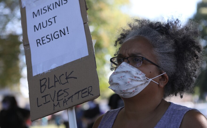 Lorna Revere attends a rally after a Black Lives Matter march for Jacob Blake in Kenosha.