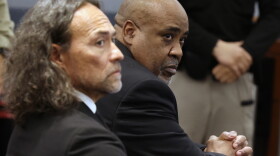 Duane Davis, right, and his attorney Michael Sanft sit in a courtroom after a jury found Davis guilty of first-degree murder in his trial related to the 1996 killing of rapper Tupac Shakur, at Clark County District Court Regional Justice Center, Monday, Aug. 31, 2026, in Las Vegas.