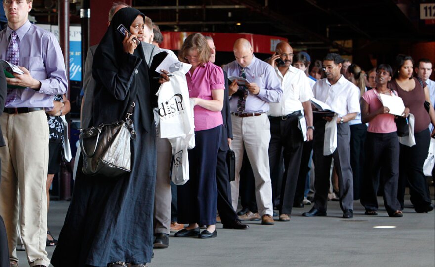 Job seekers line up at the sixth annual Grand Slam Career Fair at Citizens Bank Park in Philadelphia on July 15.