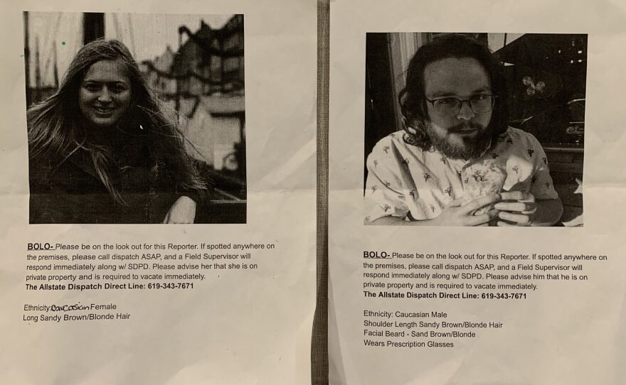 Two flyers resembling wanted posters, featuring the faces of inewsource reporters Jill Castellano and Cody Dulaney, are shown taped to a wall in one of the San Diego County COVID-19 hotels.