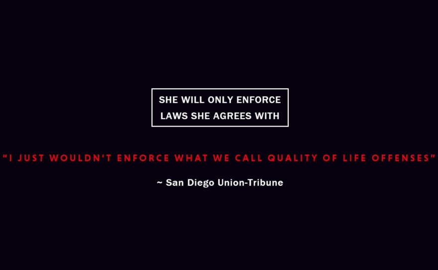 A screenshot of ThreattoSanDiego.com is displayed, May 14, 2018. The website claims San Diego County district attorney candidate Geneviéve Jones-Wright would not enforce "quality of life" crimes.