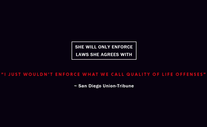 A screenshot of ThreattoSanDiego.com is displayed, May 14, 2018. The website claims San Diego County district attorney candidate Geneviéve Jones-Wright would not enforce "quality of life" crimes. 