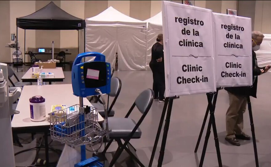 A health screening site set up inside the Convention Center for arriving migrant teens, March 27, 2021.