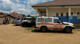 Ambulances are parked outside a hospital in Bunia, Congo, Saturday, May 16, 2026.