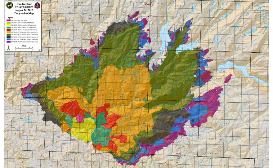 This U.S. Forest map shows the progression of the Rim Fire that began on Aug. 17, 2013 near Yosemite National Park.